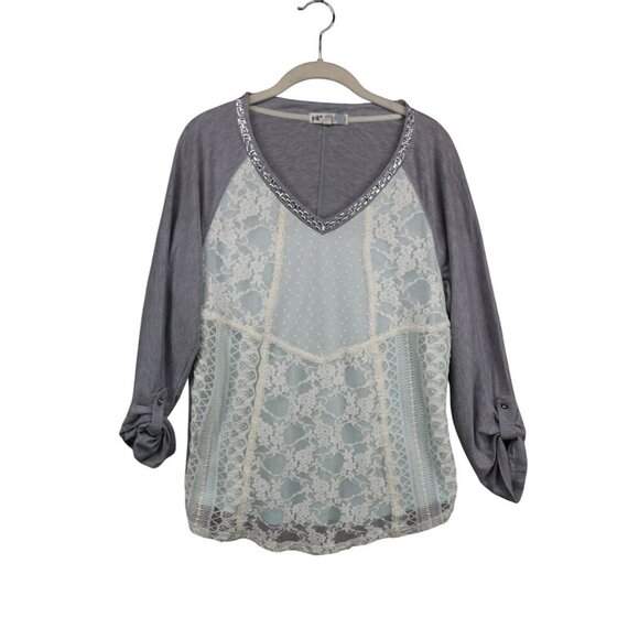 Jolt Womens Lace & Knit Top With Sequin V-Neck Trim - Picture 1 of 10